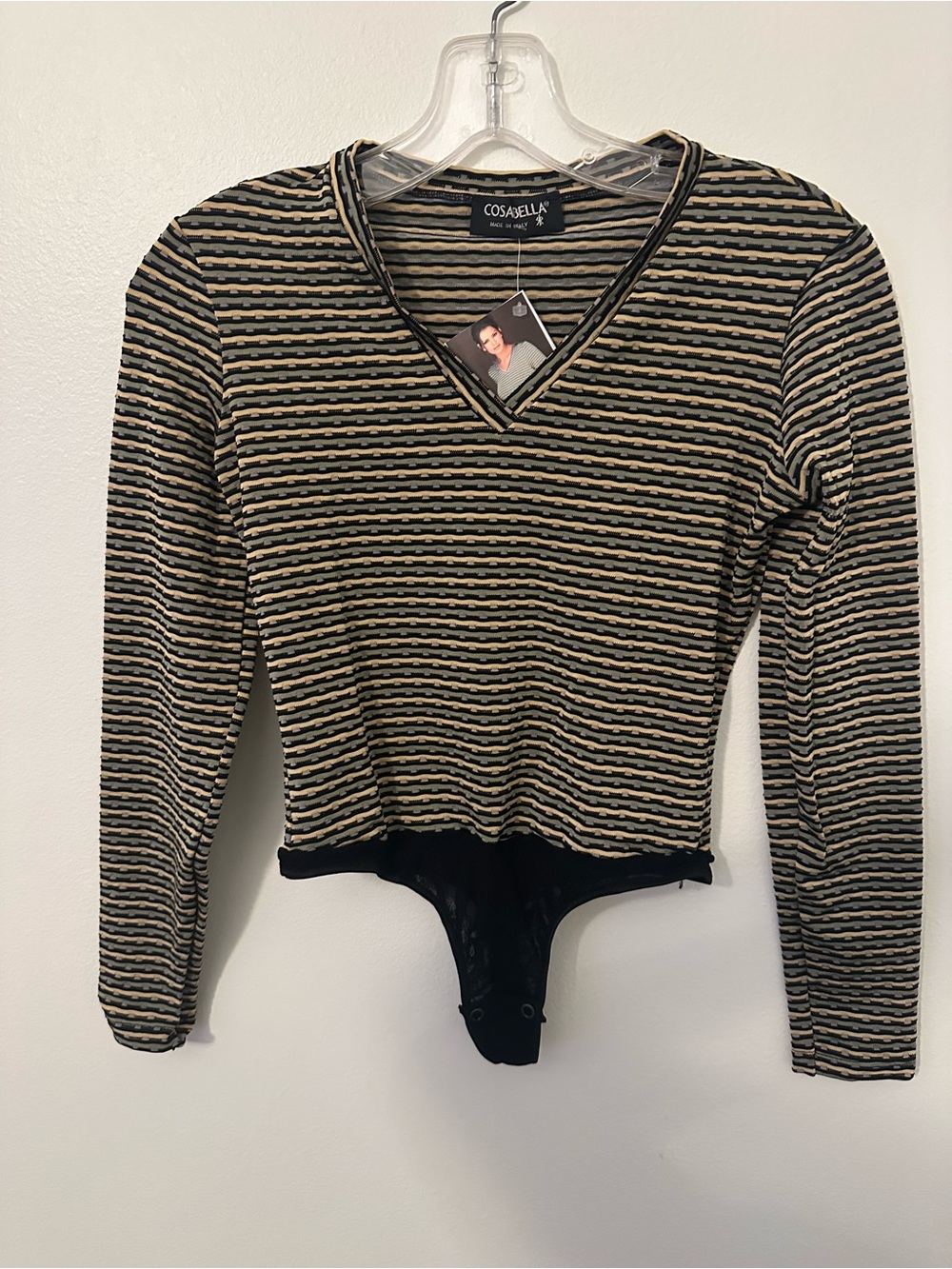 Cosa Bella Striped V-Neck Long Sleeve Bodysuit - Black & Tan Small